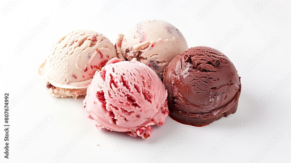 Strawberry vanilla chocolate different flavor ice cream scoops side view on white background : Generative AI