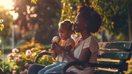 Black family park and ice cream with a mother and daughter bonding together while sitting on a bench outdoor in nature Summer children and garden with a woman and girl enjoying a sweet : Generative AI
