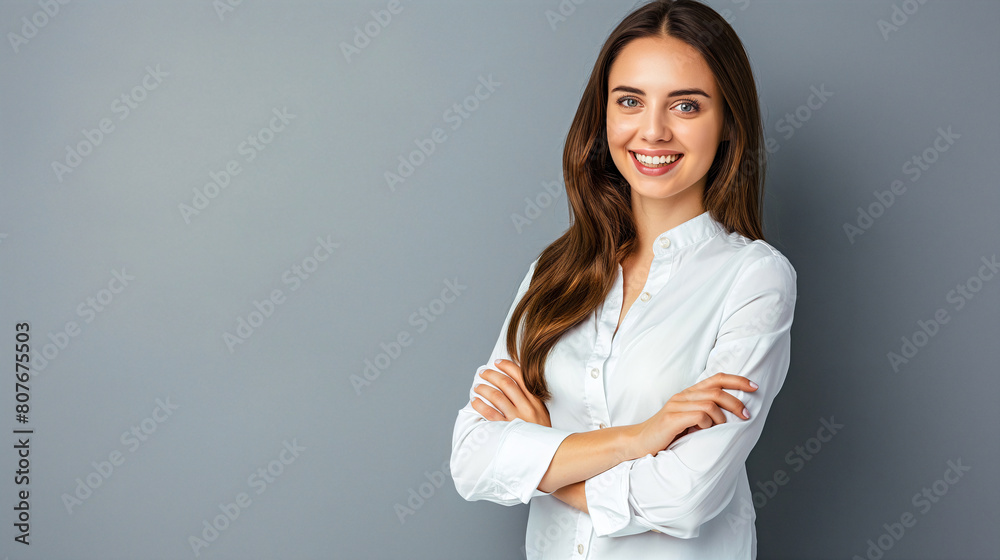 Heureuse jeune femme, d'affaires professionnelle souriante et confiante portant une chemise beige, une femme cadre assez élégante regardant la caméra, debout, les bras croisés isolés sur fond gris Heureuse jeune femme, d'affaires professionnelle souriante et confiante portant une chemise beige, une femme cadre assez élégante regardant la caméra, debout, les bras croisés isolés sur fond gris