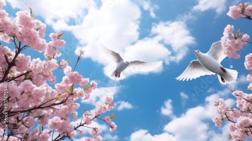 Pink cherry blossoms and white doves flying against a clear blue sky.AI generated image photo