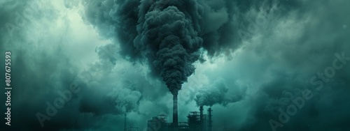 A factory smokestack spewing out dark clouds, representing the environmental impact of industry.