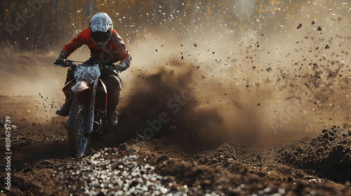 dirt bike rider kicking up rooster tails of dirt on a motocross track