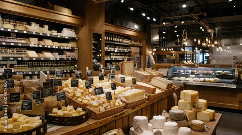 A cheese and wine shop, with different varieties of cheese on the shelves, which are cut for tasting photo