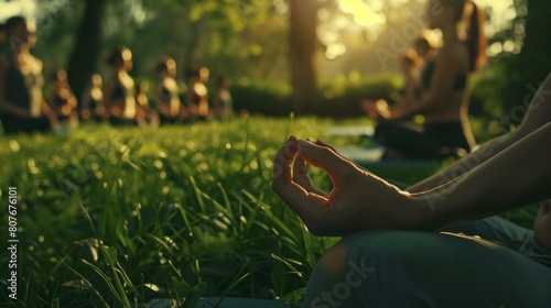 A tranquil yoga session in a lush green park, with participants practicing sun salutations and meditation surrounded by nature  photo