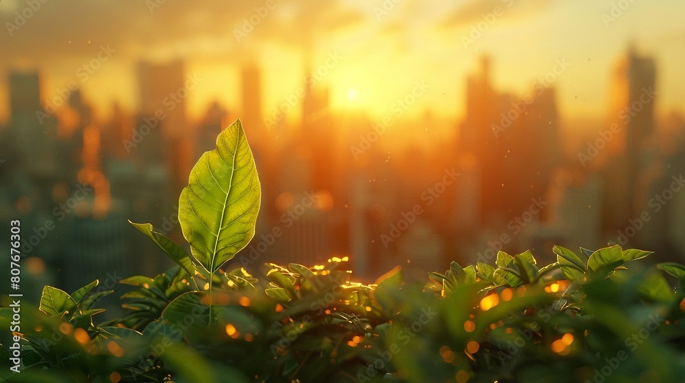 Obraz premium Recycled fabrics in trendy green apparel, modeled against a city skyline at sunset 8K , high-resolution, ultra HD,up32K HD