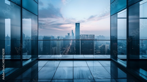 A panoramic view of a sleek  glass-walled office tower against a city skyline  symbolizing corporate power and ambition 
