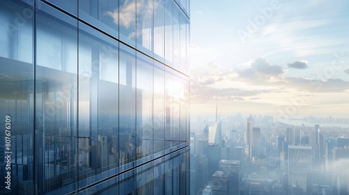 A panoramic view of a sleek  glass-walled office tower against a city skyline  symbolizing corporate power and ambition 