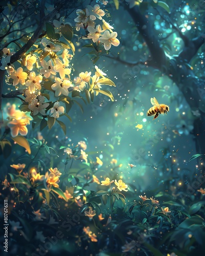 An ethereal scene depicting a bee floating dreamily around a nightblooming jasmine, under the soft glow of moonlight, enhancing the mysterious nighttime allure photo