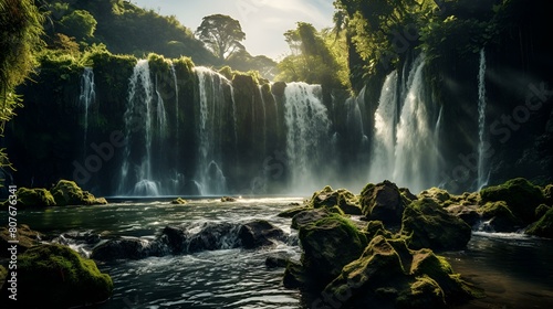 A serene waterfall flowing through a lush forest photo
