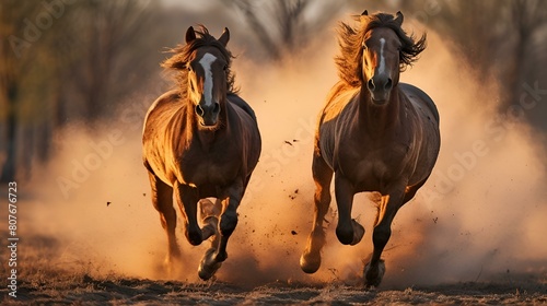 Silhouette of Two Galloping Haflinger Horses in Sunset