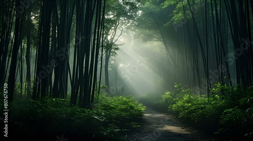 A photo of a peaceful bamboo forest with a gentle breeze soft natural light