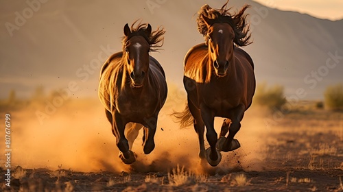 Beautiful brown horses running with sand in background