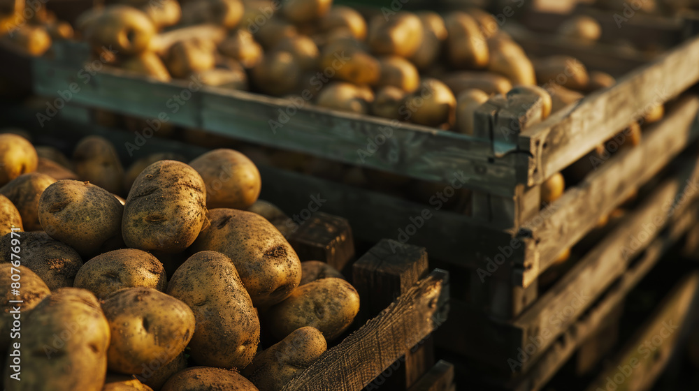 Freshly harvested potatoes filling a rustic wooden crate at dusk.