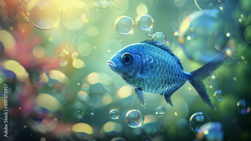 A curious blue fish surrounded by whimsical bubbles in a dreamlike waterscape. © VK Studio