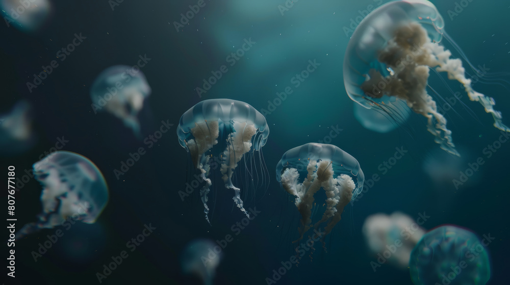 Naklejka premium Serene underwater scene with group of jellyfish drifting.