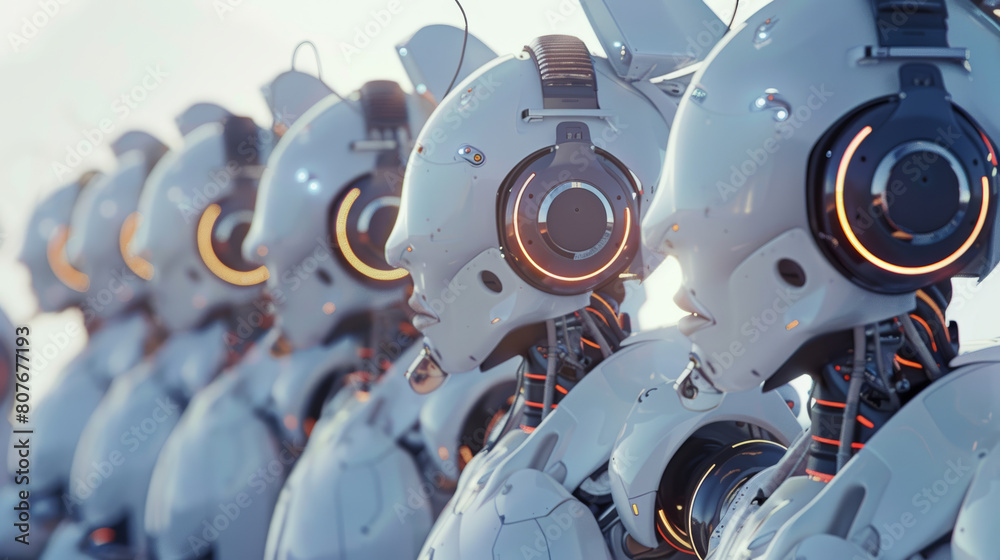 Fototapeta premium Row of identical humanoid robots with intricate headgear.