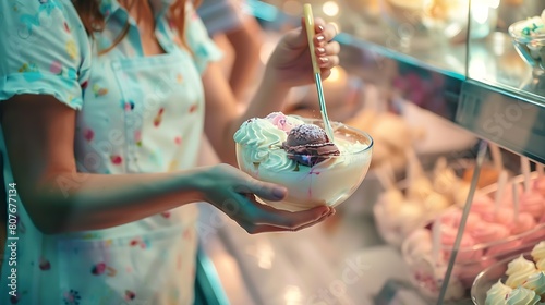 Woman serving ice cream in Confectionery shop : Generative AI photo
