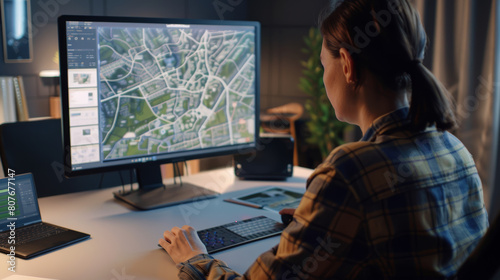 Woman analyzing geographic data on large desktop monitor.