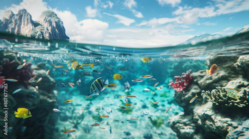 Vibrant underwater scene with tropical fish near a sunlit coral reef. © VK Studio