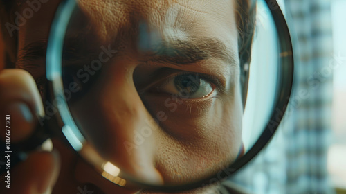 Intriguing eye peering through a magnifying glass, accentuating attention to detail.