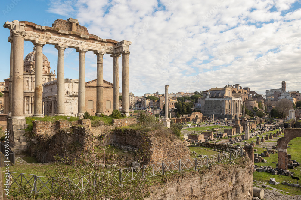 Roman Forum archaelogical site destination. Temples, churches, colosseum. Rome, Italy