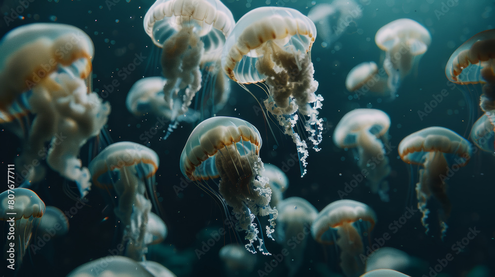 A serene swarm of jellyfish floating in a mystical underwater dance. A serene swarm of jellyfish floating in a mystical underwater dance.