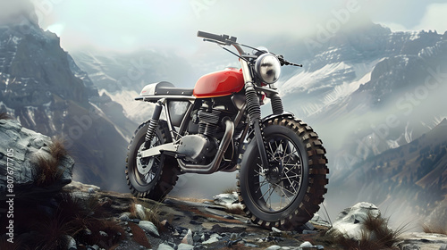 minimalist scrambler motorcycle blending into a mountain landscape photo