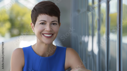 Free Download Confident woman in blue smiles optimistically, embodying professionalism. - GFXLoad