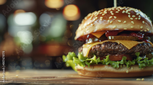 Juicy cheeseburger against a bokeh backdrop in a diner. photo