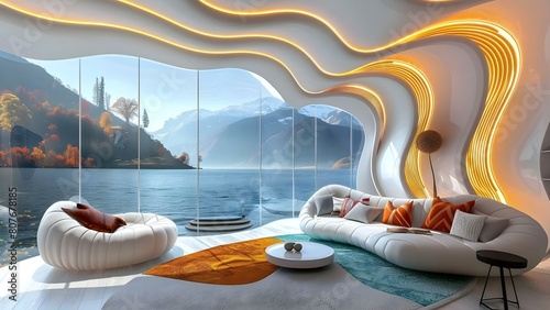 Futuristic Living Room in a Floating House with Onion-Shaped Ceiling and Oceanic Colors. Concept Futuristic Architecture, Floating House, Onion-Shaped Ceiling, Oceanic Colors, Living Room Design