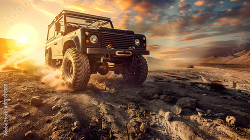 off-road vehicle conquering rugged terrain in a desert landscape © Pik_Lover