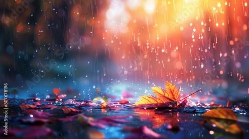 Autumn rain transforms a serene landscape, with colorful leaves and droplets creating a magical scene