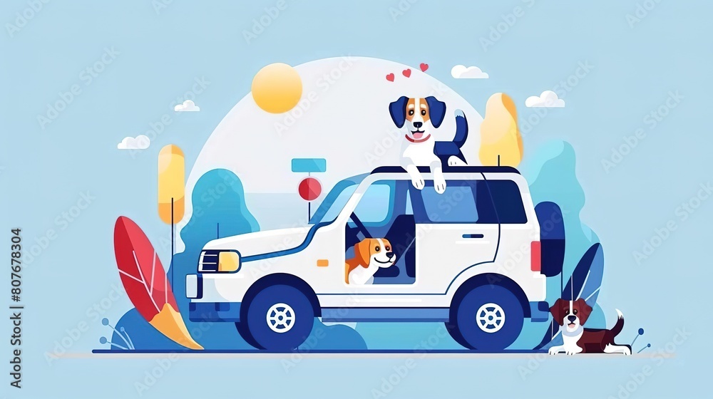 Fototapeta premium Two dogs ride in a white car, one on the roof and one hanging out the window, with a third dog sitting outside the car. The car is surrounded by trees and the sun is shining.