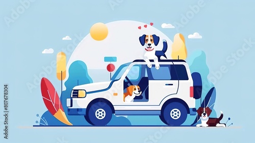 Two dogs ride in a white car  one on the roof and one hanging out the window  with a third dog sitting outside the car. The car is surrounded by trees and the sun is shining.