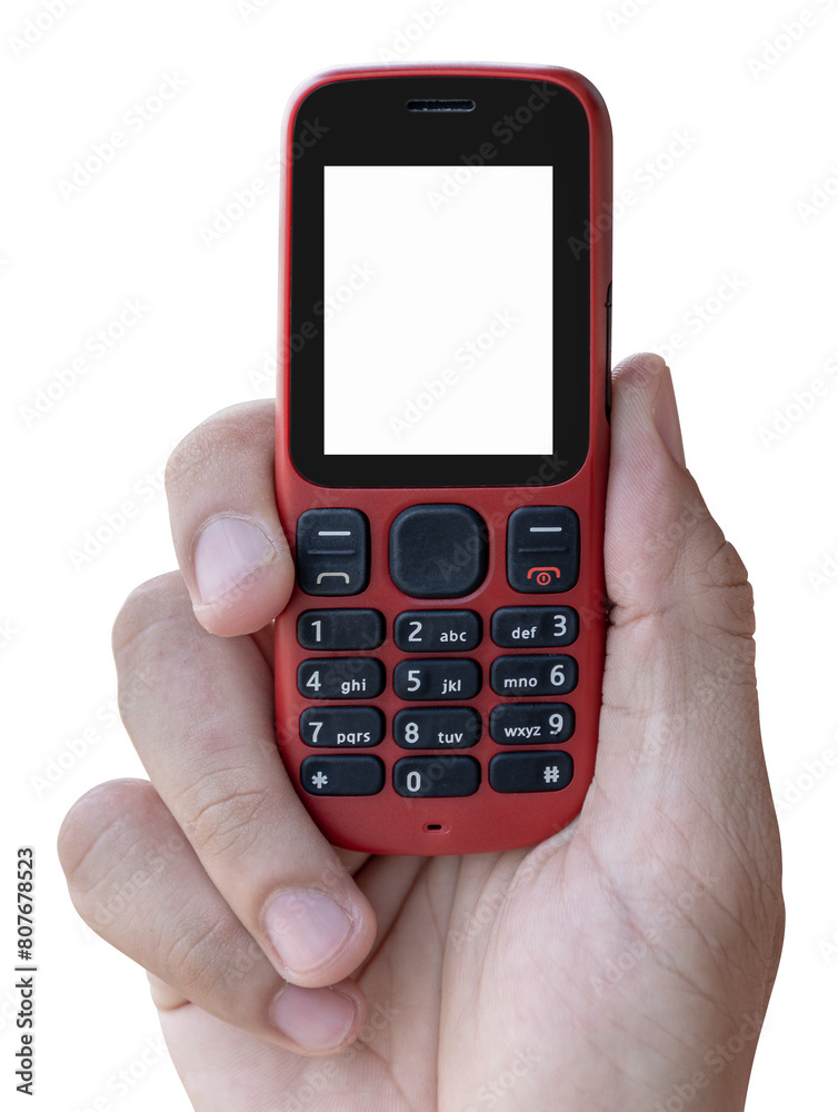 Hand holding red mobile phone with white display Hand holding red mobile phone with white display