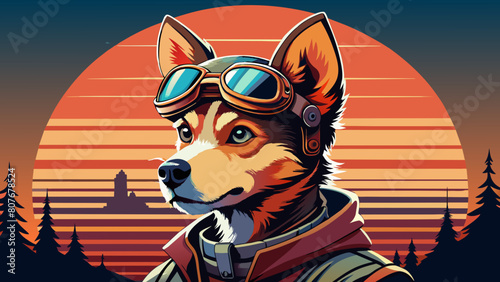 A highly stylized and vibrant digital illustration features a dog, likely a terrier breed, wearing an aviator's helmet and goggles, depicted with bold outlines and a playful, artistic flair on 