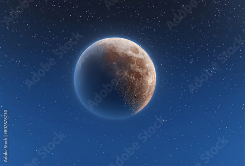 A moon and stars  against blue skies  are shown with a dark palette.