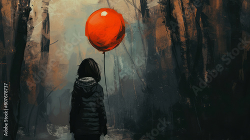 The painting features a girl holding an inflated balloon, portrayed in a simple, orange style. photo