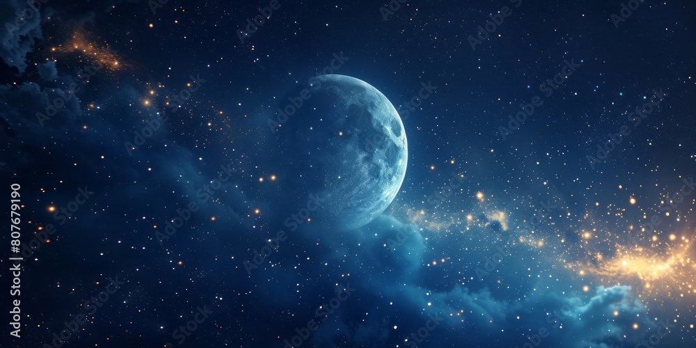 Against blue skies, a moon and stars, with an infinite space. Against blue skies, a moon and stars, with an infinite space.