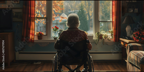A retired woman sitting in a alone in front window  Lonely elderly senior woman in a wheelchair in nursing home looking out the window . photo