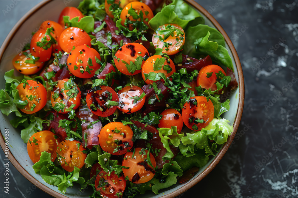 A vibrant salad bowl with mixed greens, cherry tomatoes, and a drizzle of balsamic. AI generated.