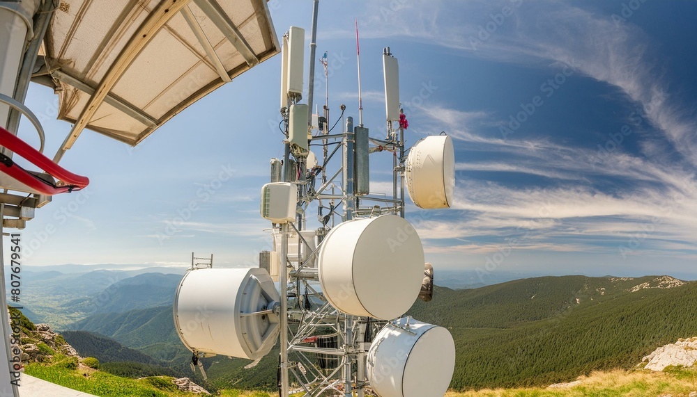 Antenna tower of telecommunication and Phone base station with TV and wireless internet antennas Antenna tower of telecommunication and Phone base station with TV and wireless internet antennas