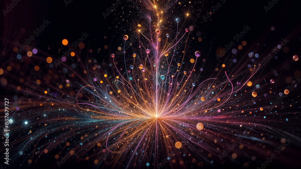 Luminous lines fly in all directions from a point in the centre on a black background