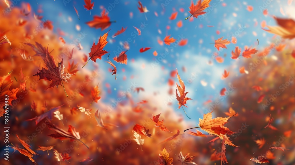Dance of autumn leaves: a stunning visual feast of swirling red leaves amidst a radiant, glowing backdrop Dance of autumn leaves: a stunning visual feast of swirling red leaves amidst a radiant, glowing backdrop