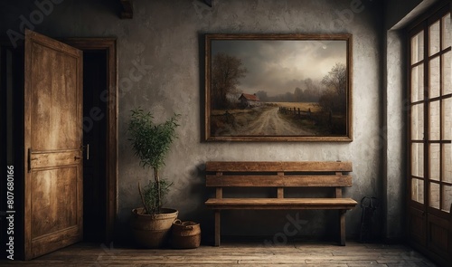 An evocative scenario of a canvas frame mockup in an antique entrance hall, with the rustic appeal of a wooden bench providing tired guests with a comfortable place to sit