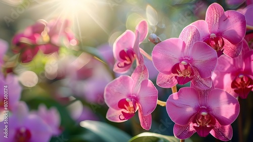 Pink Orchids in Full Bloom  A Close-Up in Sunlight. Concept Nature Photography  Flower Portraits  Pink Orchids  Close-Up Shots  Sunlight Settings