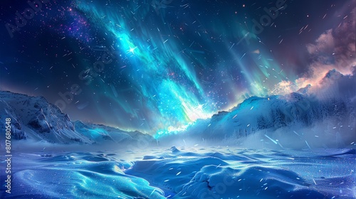 Celestial spectacle over icy mountains: Aurora lights dance across a frozen nocturnal landscape photo