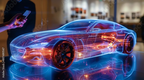 Capture the essence of innovation as a customer interacts with a lifelike holographic luxury car through a smartphone app from a birds-eye view The dynamic © Yasinton