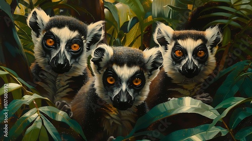 Group of inquisitive lemurs peering out from behind lush foliage, their curious eyes reflecting the vibrant energy of the jungle.