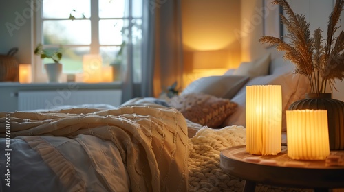 Craft a cozy bedroom setting featuring holographic bedside tables and lighting fixtures that exude a soft